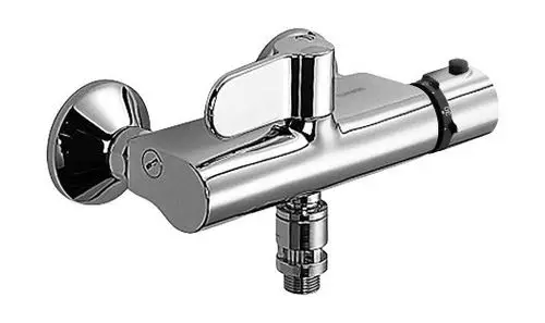 Chromierte Brausebatterie mit einem Hebel zur Temperatureinstellung und einem Anschluss zur Wandmontage, hergestellt von HANSA.